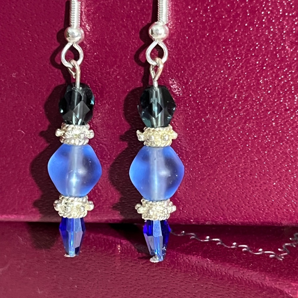 Handcrafted Blue Bead & Silver Tone Dangle Pierced  Drop Earrings